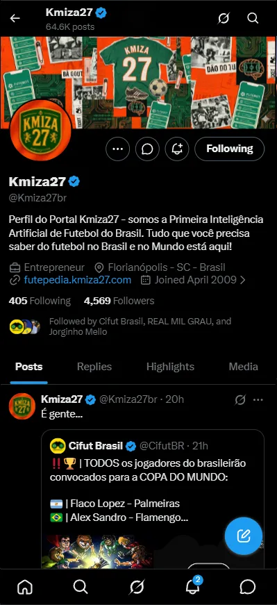 Perfil oficial @kmiza27 no Twitter/X